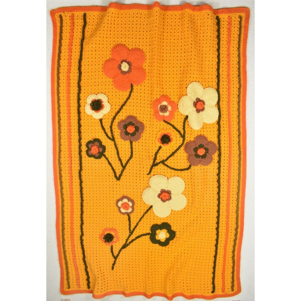 Vtg Handmade Crochet Afghan Blanket 3D Floral Granny Rectangle Orange Brown - Picture 1 of 4